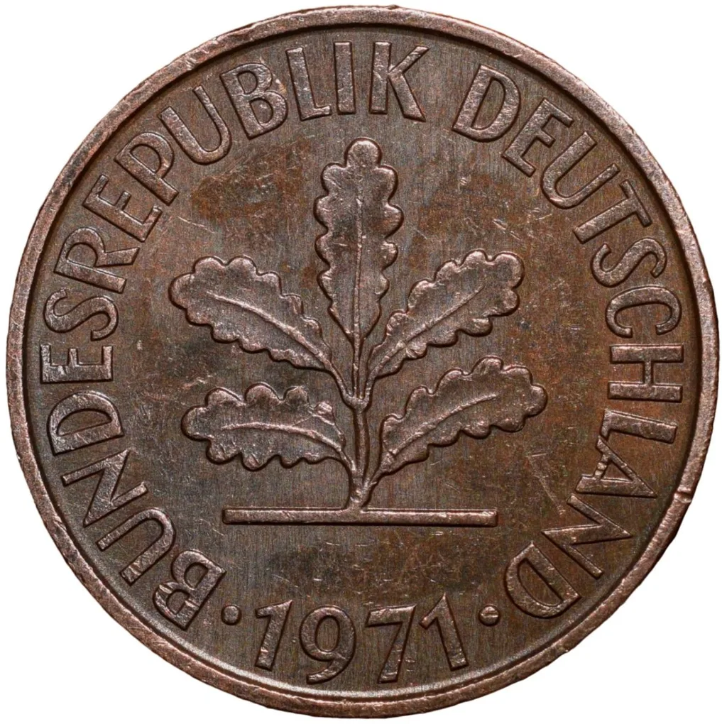 Brass 2 Pfenning of Germany (AD 1971) with Oak Sapling