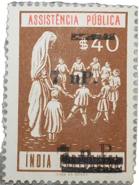 Postal Stamp of India Portugues - Assistencia Publica Cancelled and Over Printed Brown 7 New Paise by GOI, Mint Un-Used as per Image.