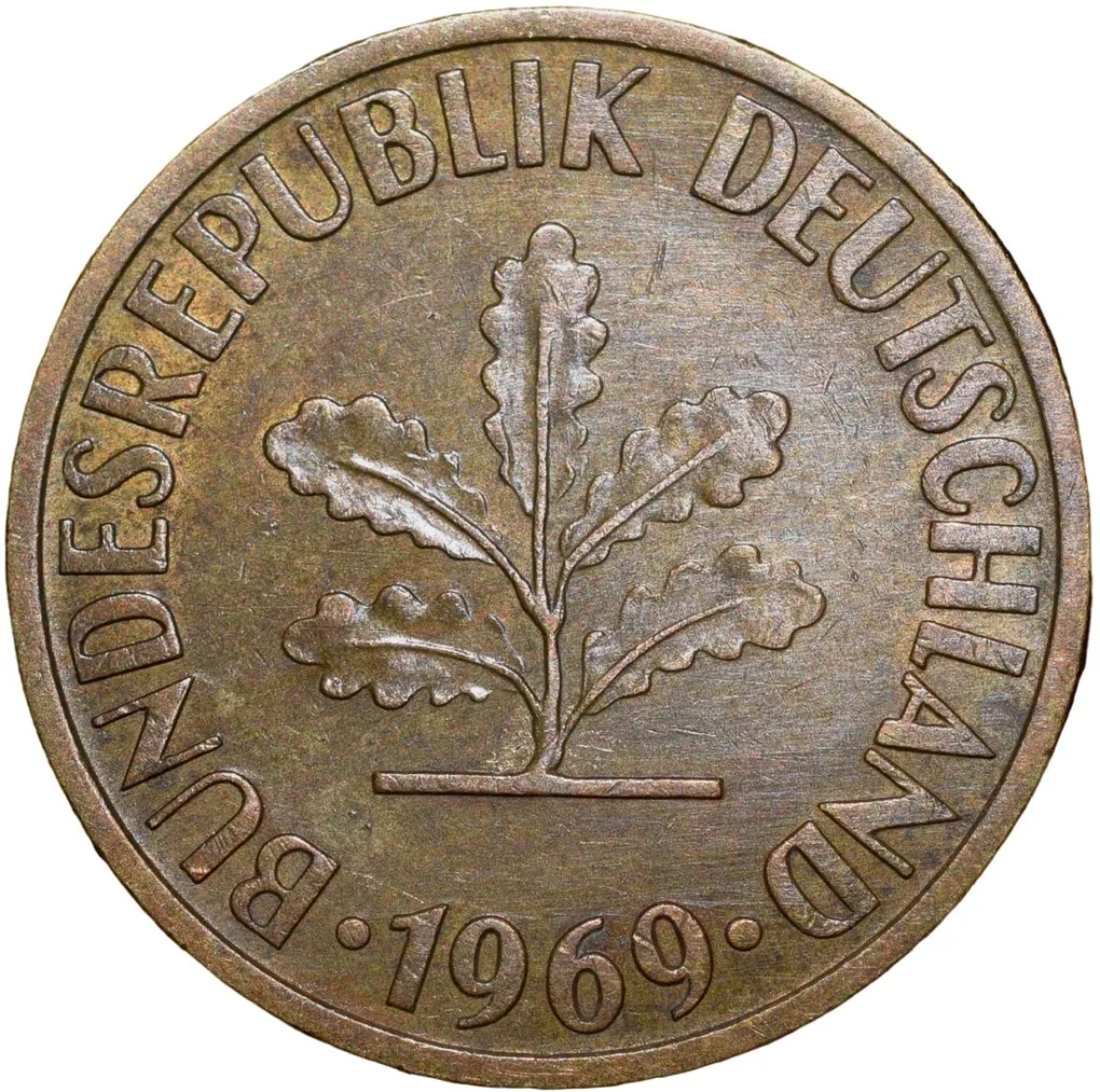 Brass 10 Pfennings of Germany (AD 1969) with Oak Sapling