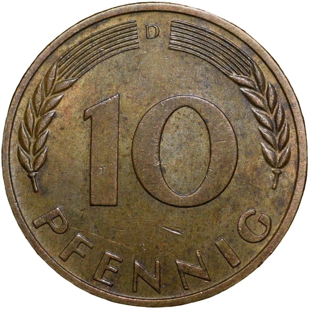 Brass 10 Pfennings of Germany (AD 1969) with Oak Sapling
