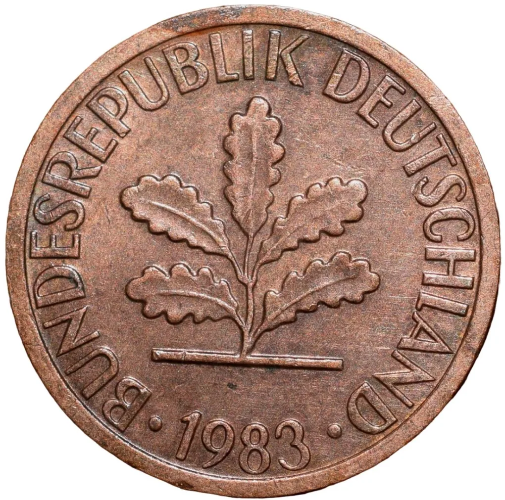 Bronze 1 Pfenning of Germany (AD 1983) with Oak Sapling