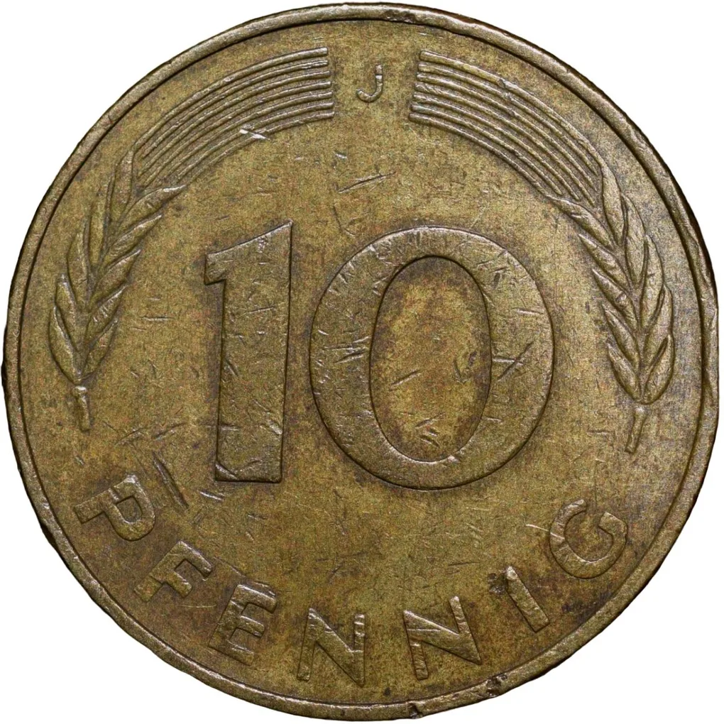 Brass 10 Pfenning of Germany (AD 1979) with Oak Sapling