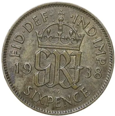Silver (50%) 6 Pence of George VI (AD 1938) from Great Brittain Scarce