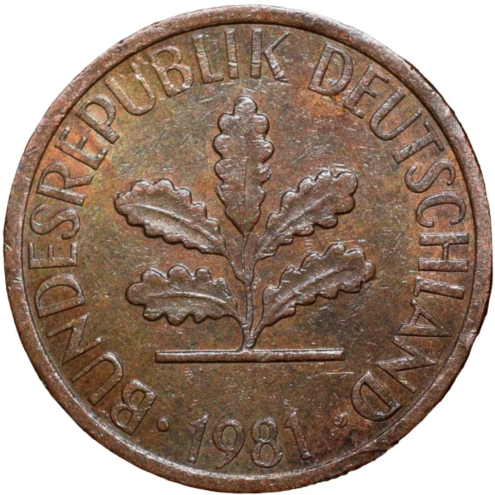 Bronze 1 Pfenning of Germany (AD 1981) with Oak Sapling