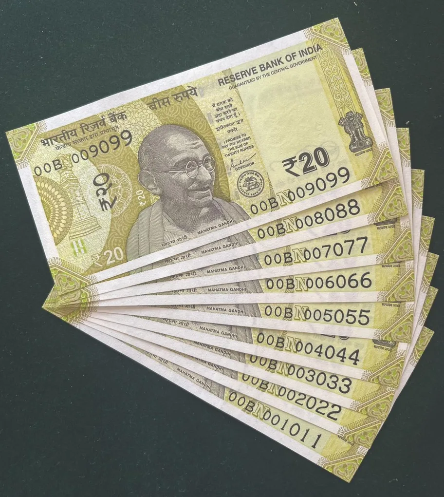 Rs 20/- India Banknote Semi Solid Set 00 Same Prefix 009099 To 001011 Gem Unc Unique and Rare