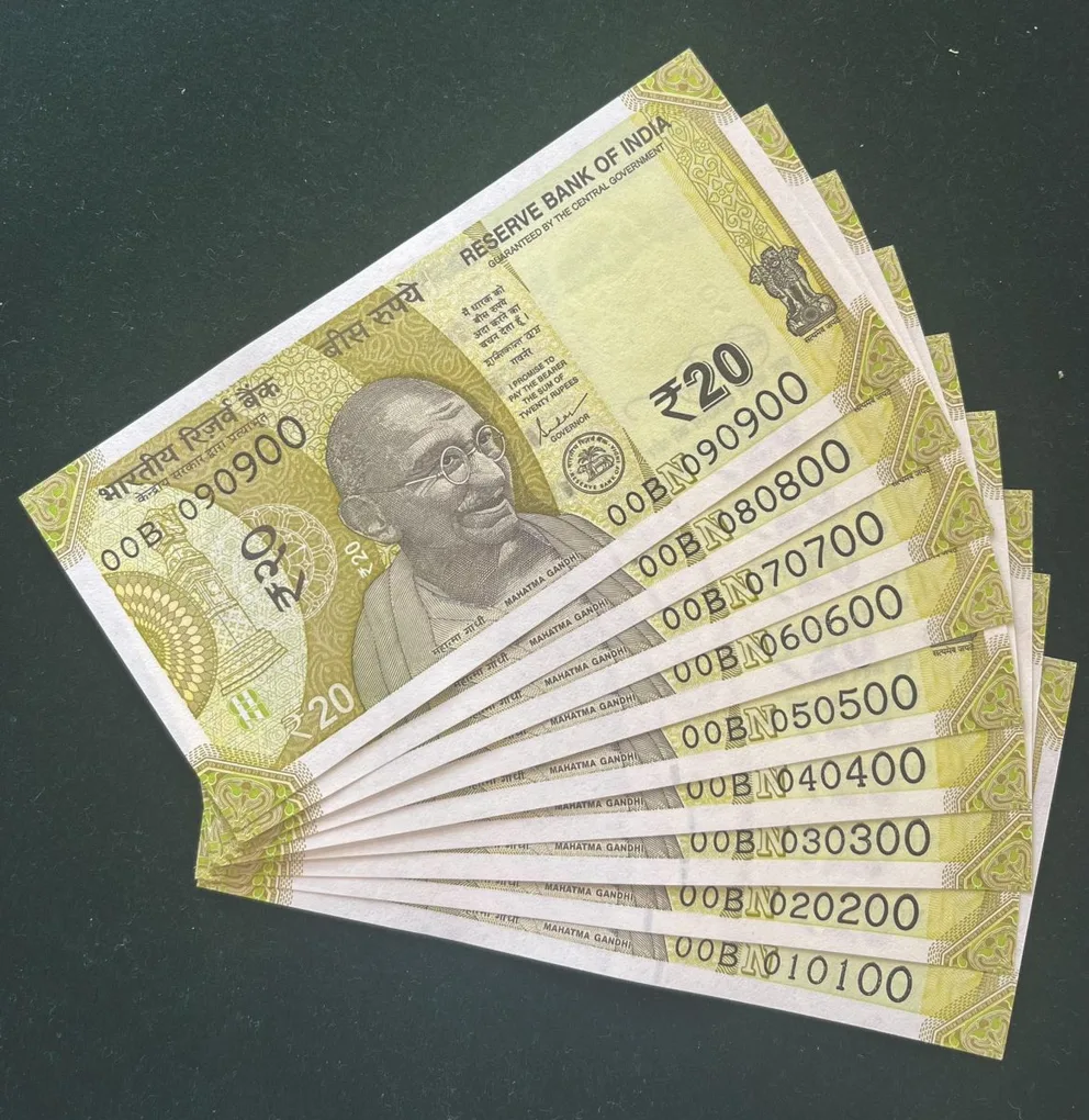 Rs 20/- India Banknote Semi Solid Set 00 Same Prefix 090900 To 010100 Gem Unc Unique and Rare