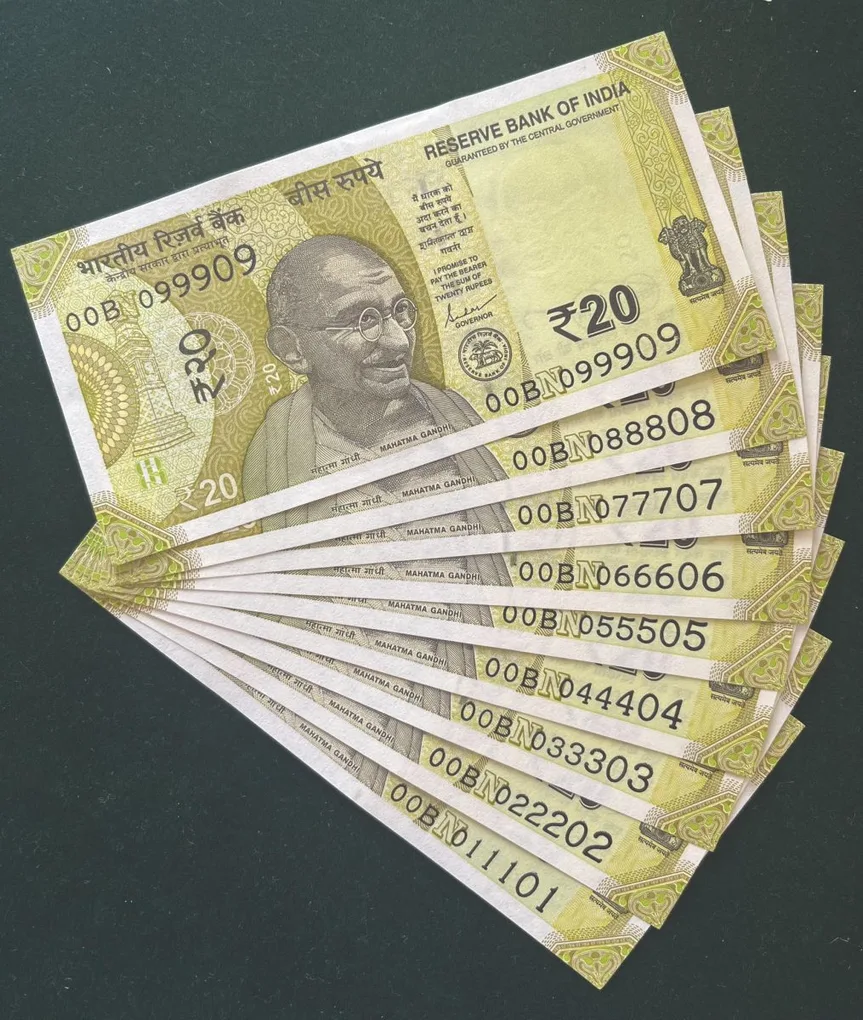 Rs 20/- India Banknote Semi Solid Set 00 Same Prefix 099909 To 011101 Gem Unc Unique and Rare