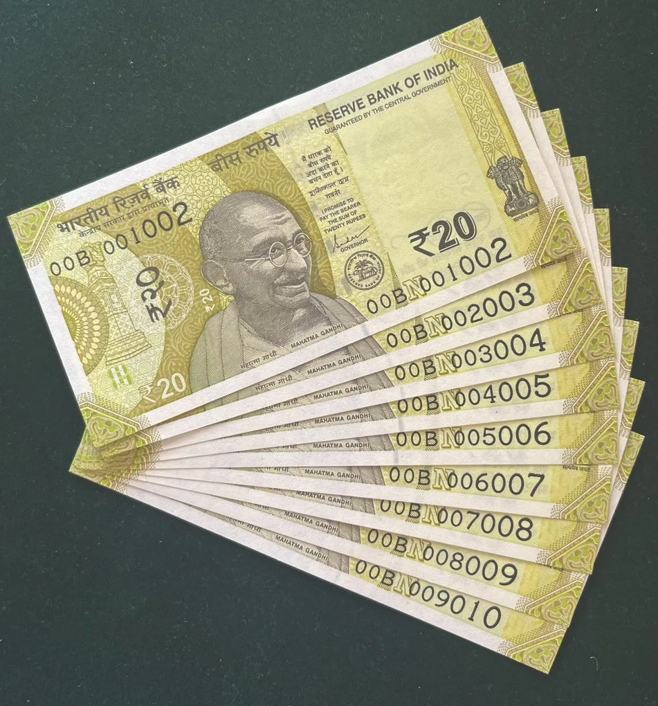 Rs 20/- India Banknote Semi Solid Set 00 Same Prefix 001002 To 009010 Gem Unc Unique and Rare