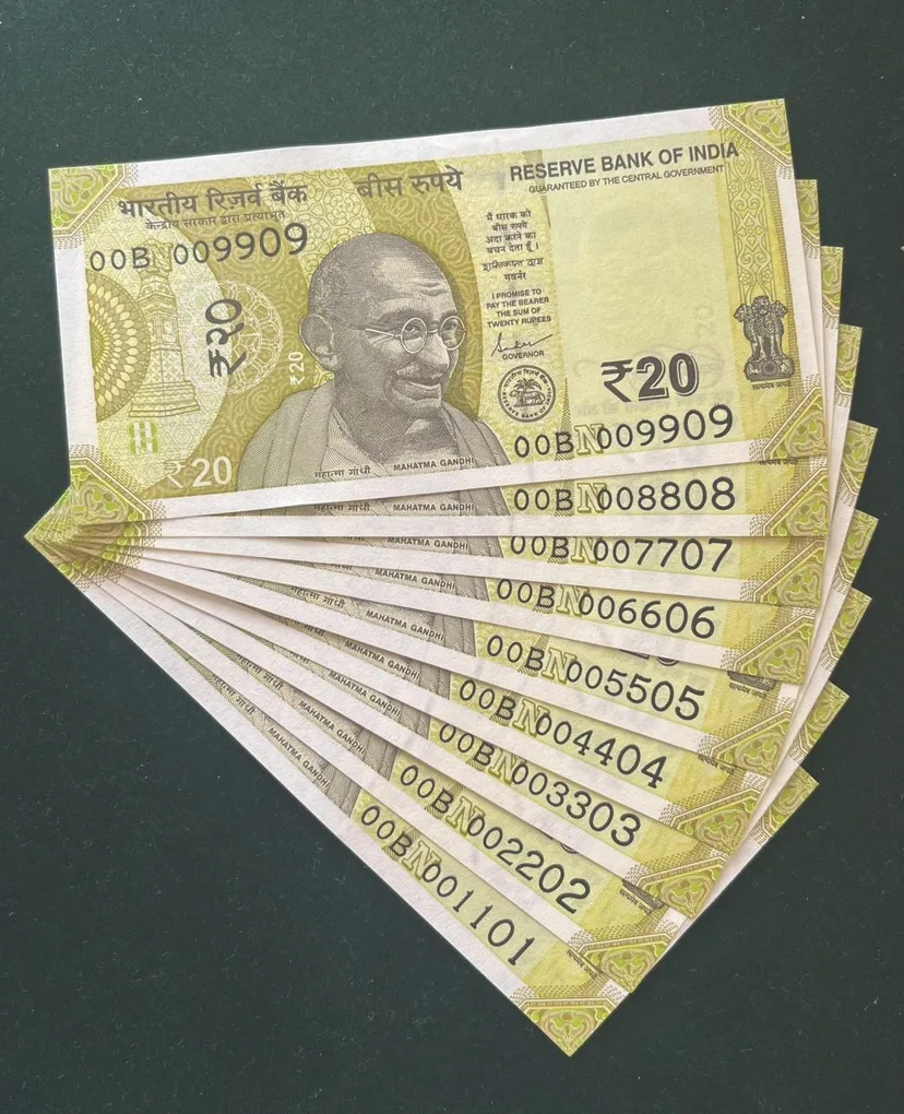 Rs 20 India Banknote Semi Solid Set 00 Same Prefix 009990 To 001110 Gem Unc Unique and Rare