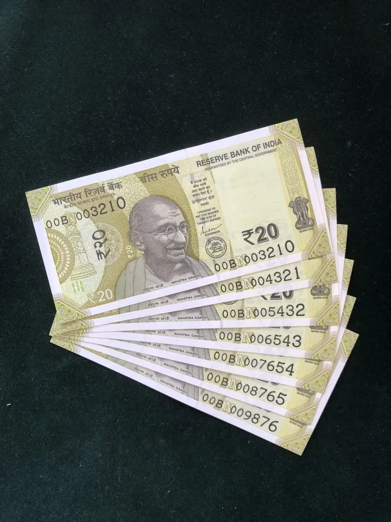 Rs 20/- India Banknote Semi Solid Set 00 Same Prefix 003210 to 009876 Gem Unc Unique and Rare