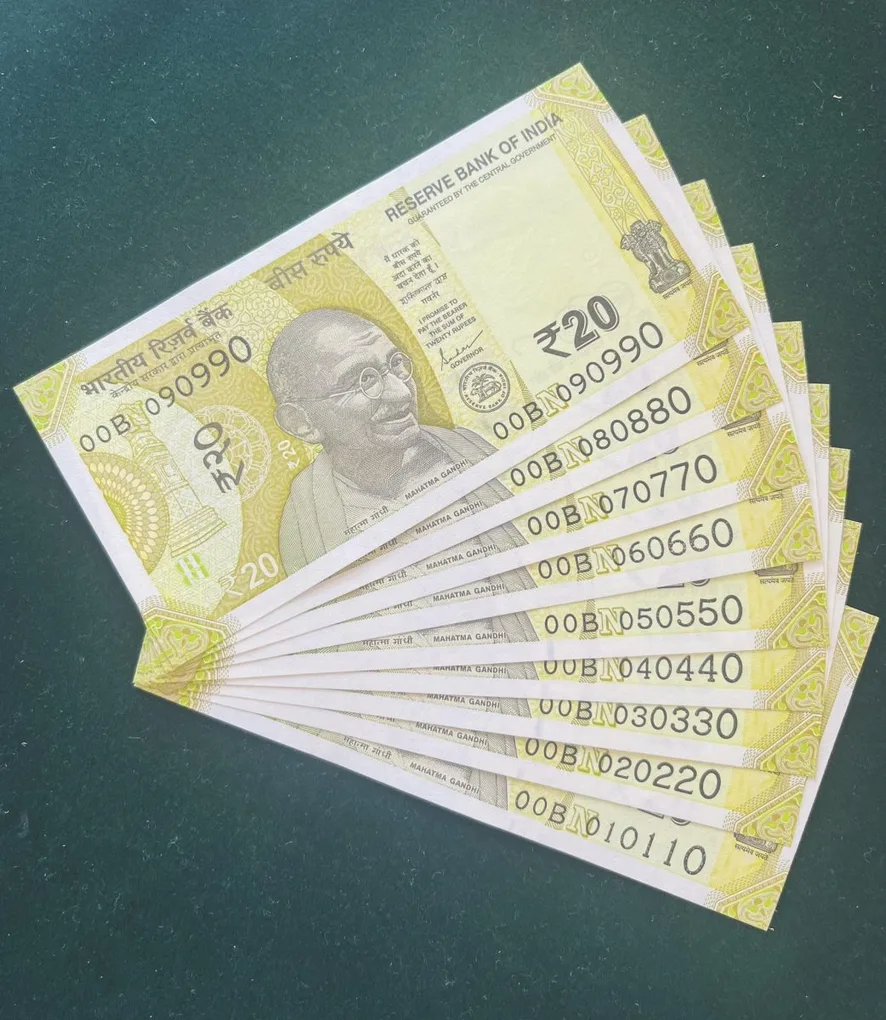 Rs 20/- India Banknote Semi Solid Set 00 Same Prefix 090990 To 010110 Gem Unc Unique and Rare