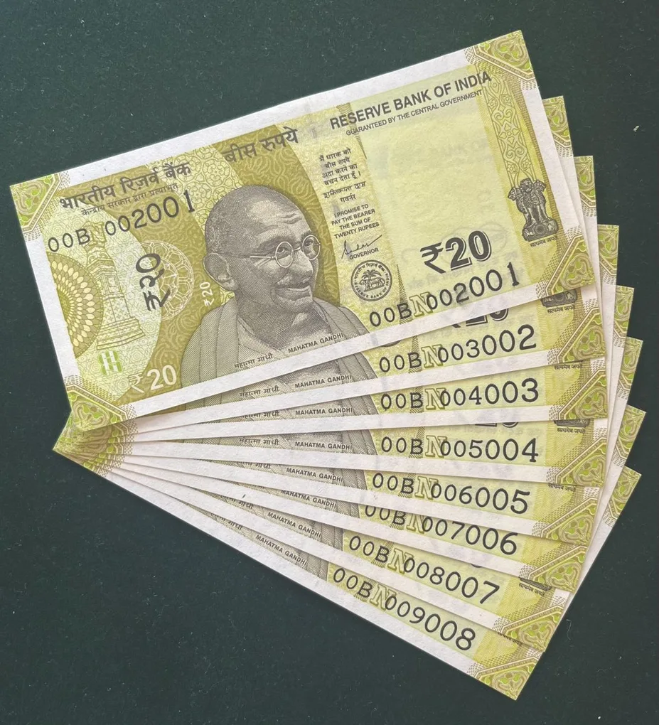 Rs 20/- India Banknote Semi Solid Set 00 Same Prefix 002001 To 009008 Gem Unc Unique and Rare