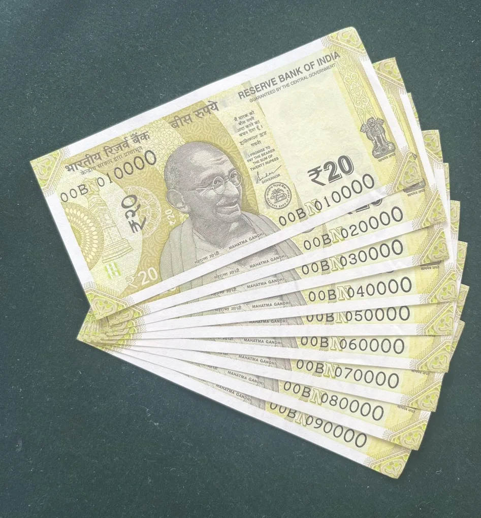 Rs 20/- India Banknote Semi Solid Set 00 Same Prefix 010000 To 090000 Gem Unc Unique and Rare