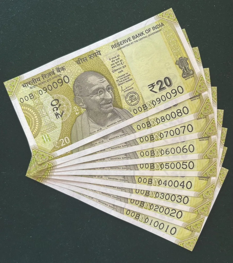 Rs 20/- India Banknote Semi Solid Set 00 Same Prefix 090090 to 010010 Gem Unc Unique and Rare