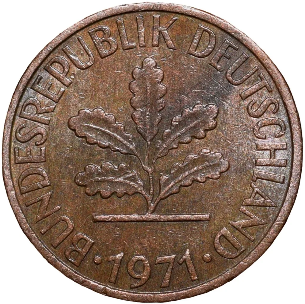 Bronze 1 Pfenning of Germany (AD 1971) with Oak Sapling