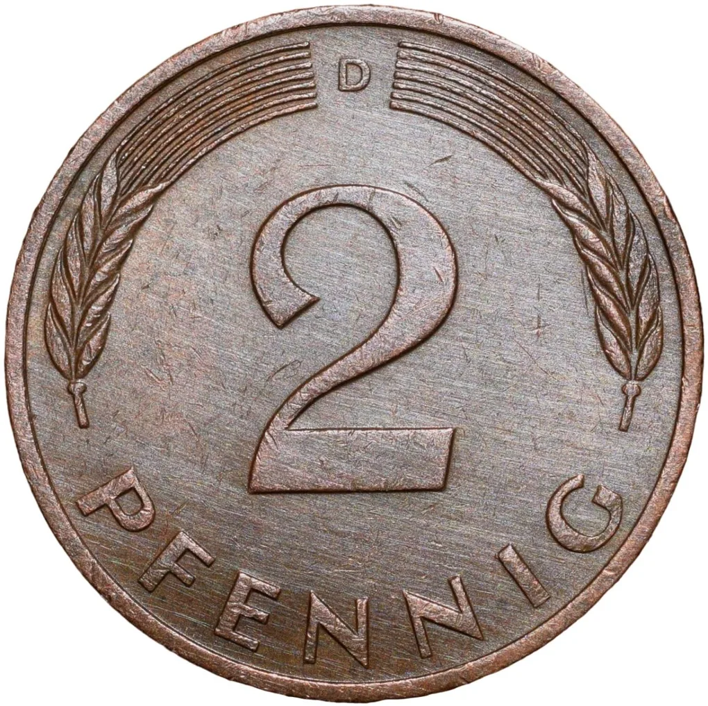 Bronze 2 Pfenning of Germany (AD 1980) with Oak Sapling