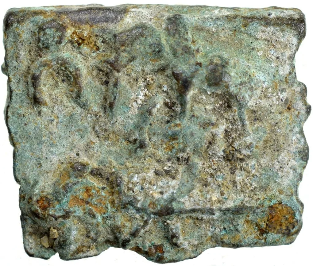 Cast Copper Kakani of Sunga Kingdom Universal(2nd cen BC) Type Multiple symbols Natural Green Patina