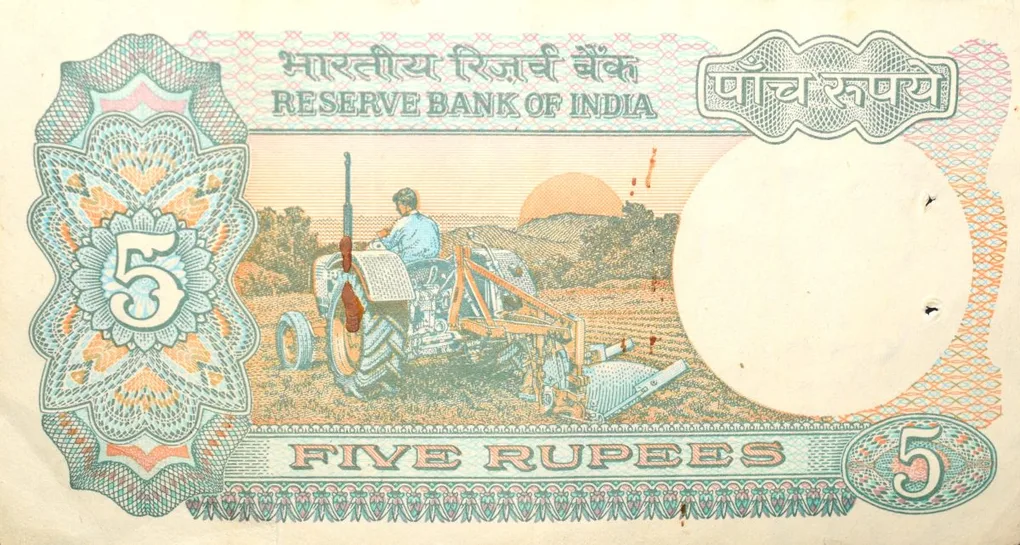 5 Rupees of Republic India (AD 1997) with Farmer ploughing with a tractor while sun is rising - Bimal Jalan Signature