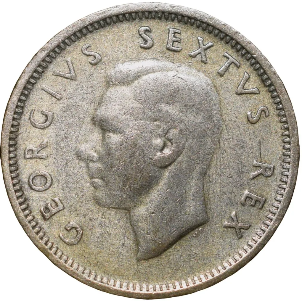 Silver 6 Pence of George VI (AD1952) of South Africa with A Protea, a flower native to South Africa
