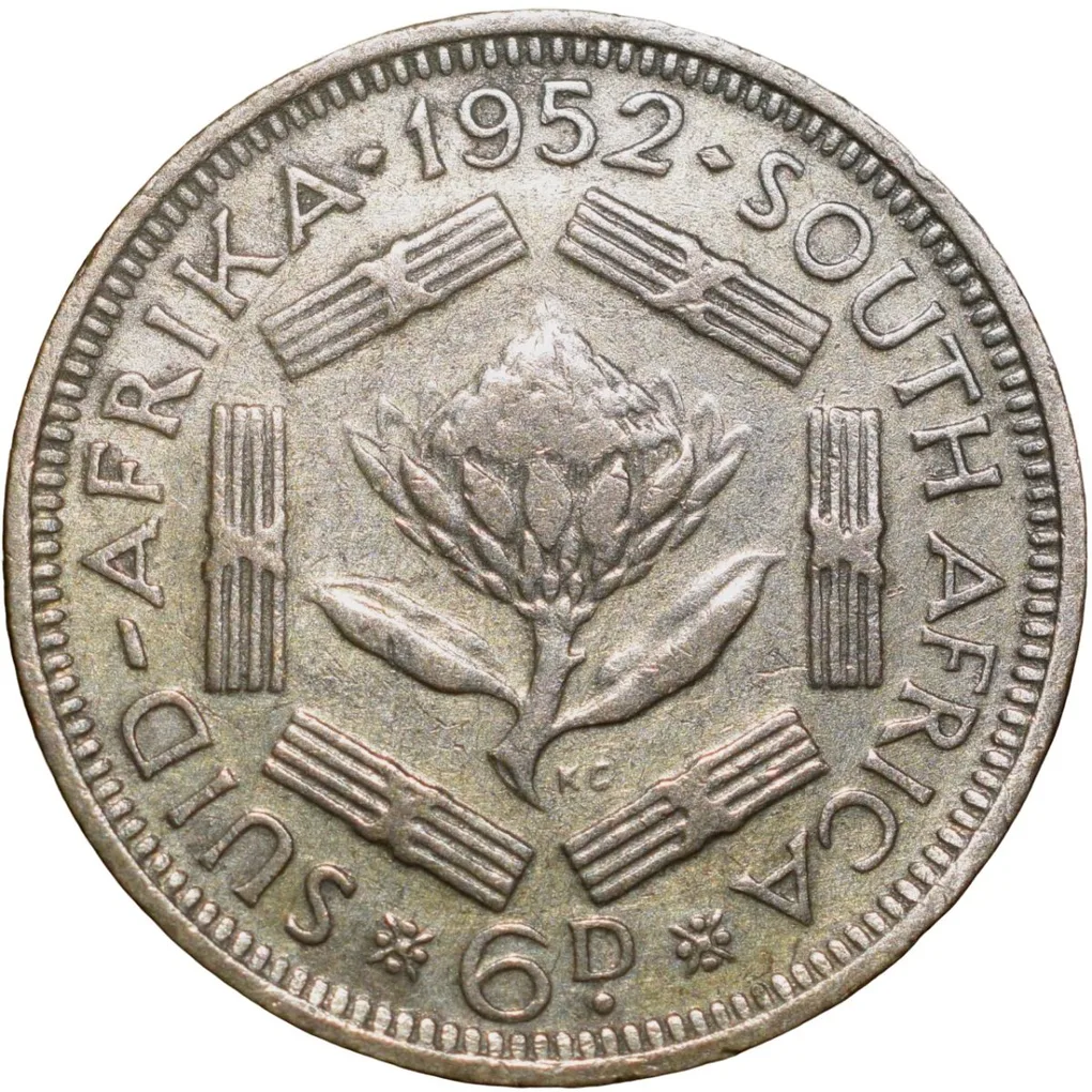 Silver 6 Pence of George VI (AD1952) of South Africa with A Protea, a flower native to South Africa