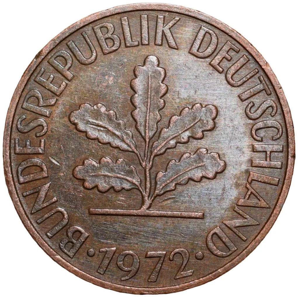 Bronze 2 Pfenning of Germany (AD 1972) with Oak Sapling