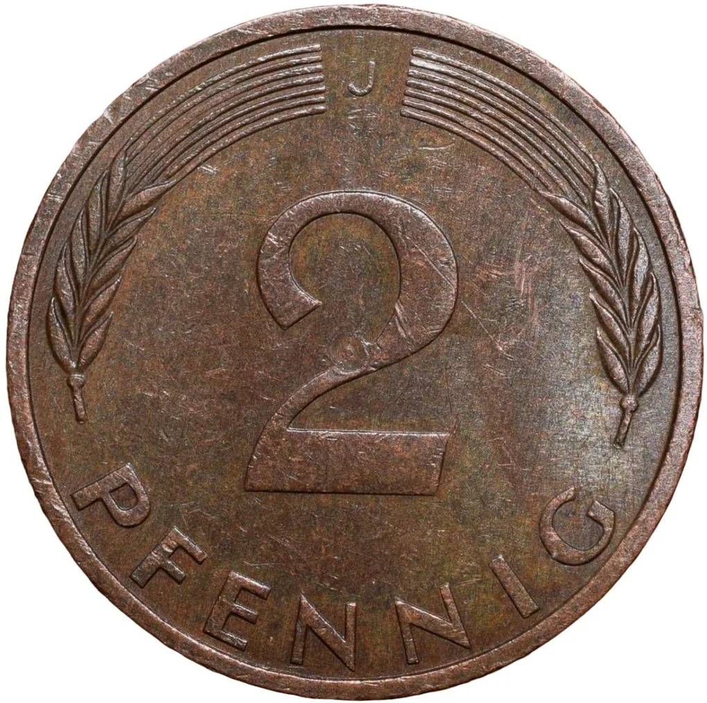 Bronze 2 Pfenning of Germany (AD 1972) with Oak Sapling