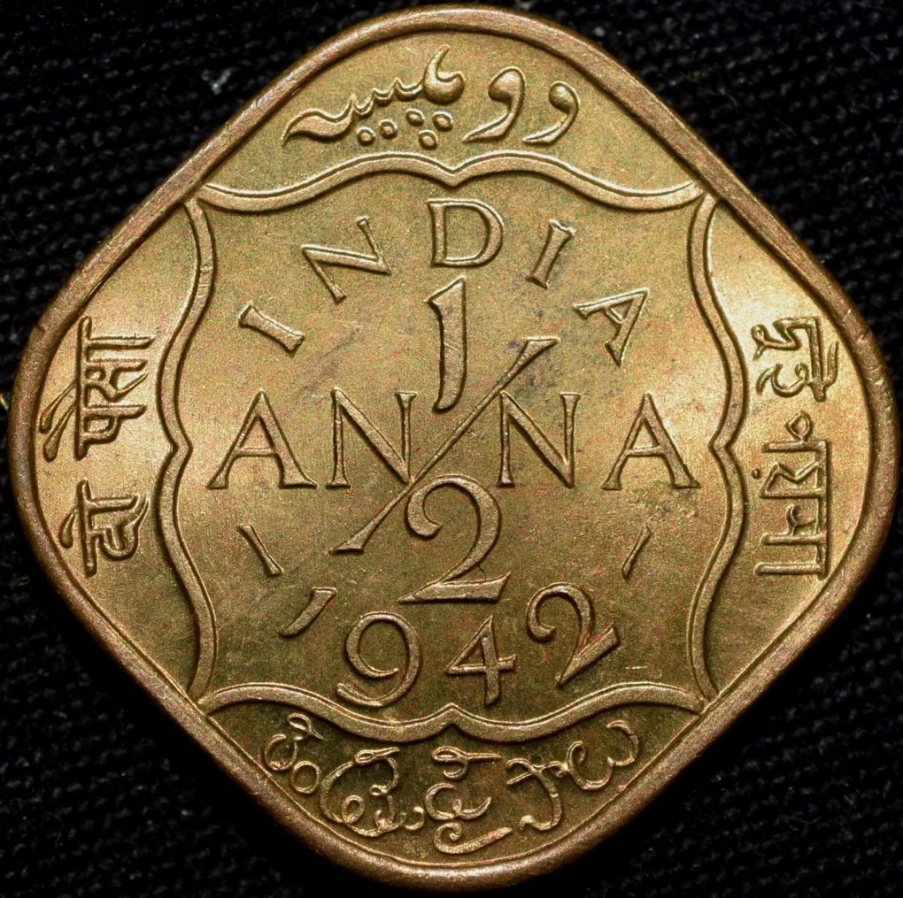 Nickel-Brass 1/2 Anna of George VI (AD 1942) of Bombay Mint in UNC Grade Rare