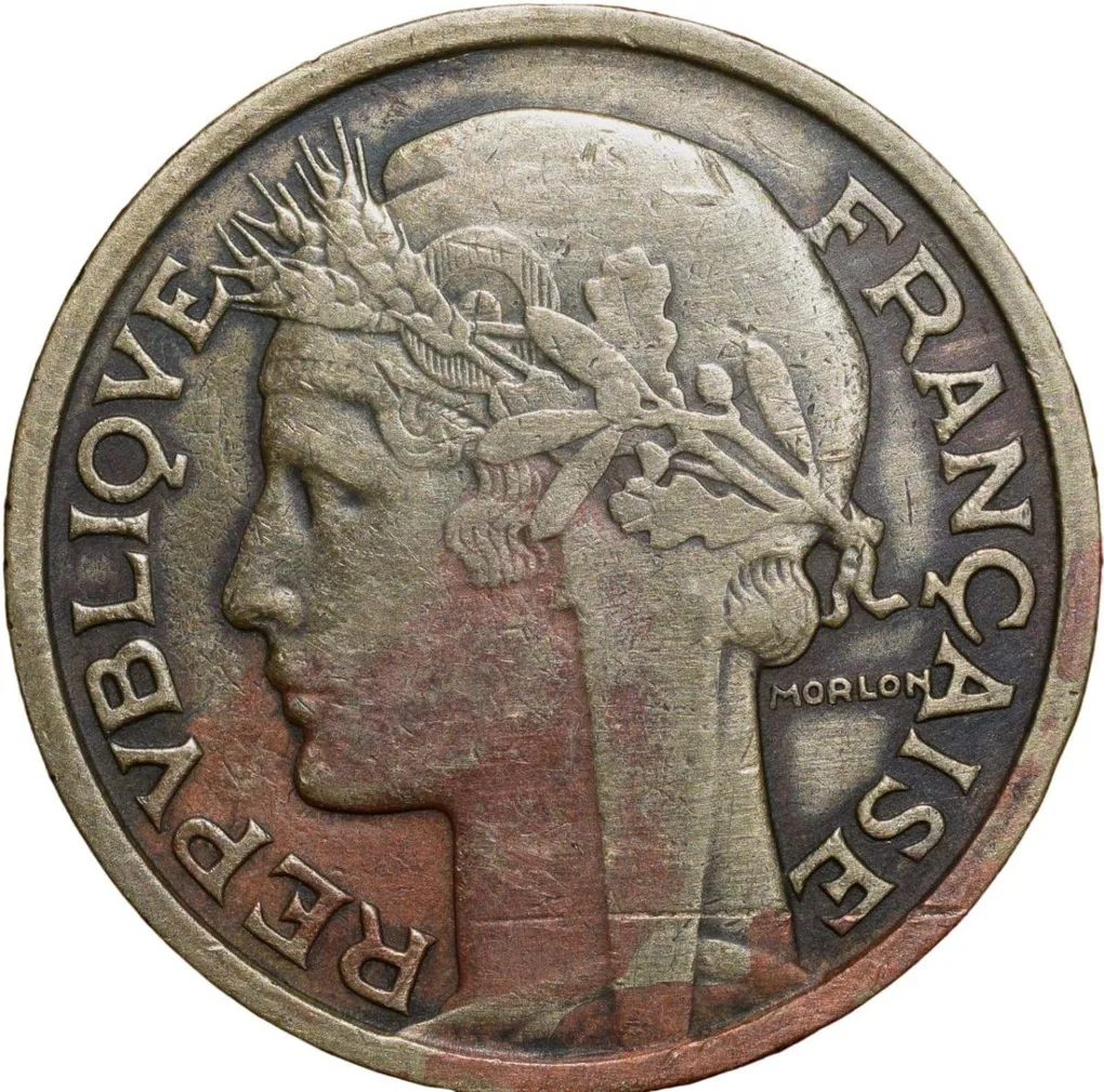 Old Brass 2 Francs of France Country (AD 1938) with Marianne's head left wearing a Phrygian cap
