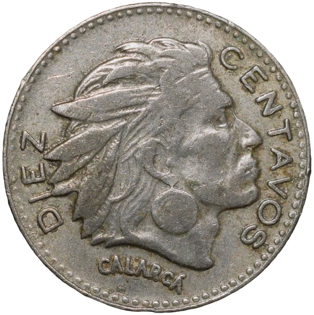 Old Copper-Nickel 10 Pesos of Colombia Country (AD 1964) with portrait of Indio Chief