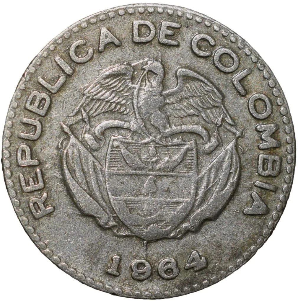 Old Copper-Nickel 10 Pesos of Colombia Country (AD 1964) with portrait of Indio Chief