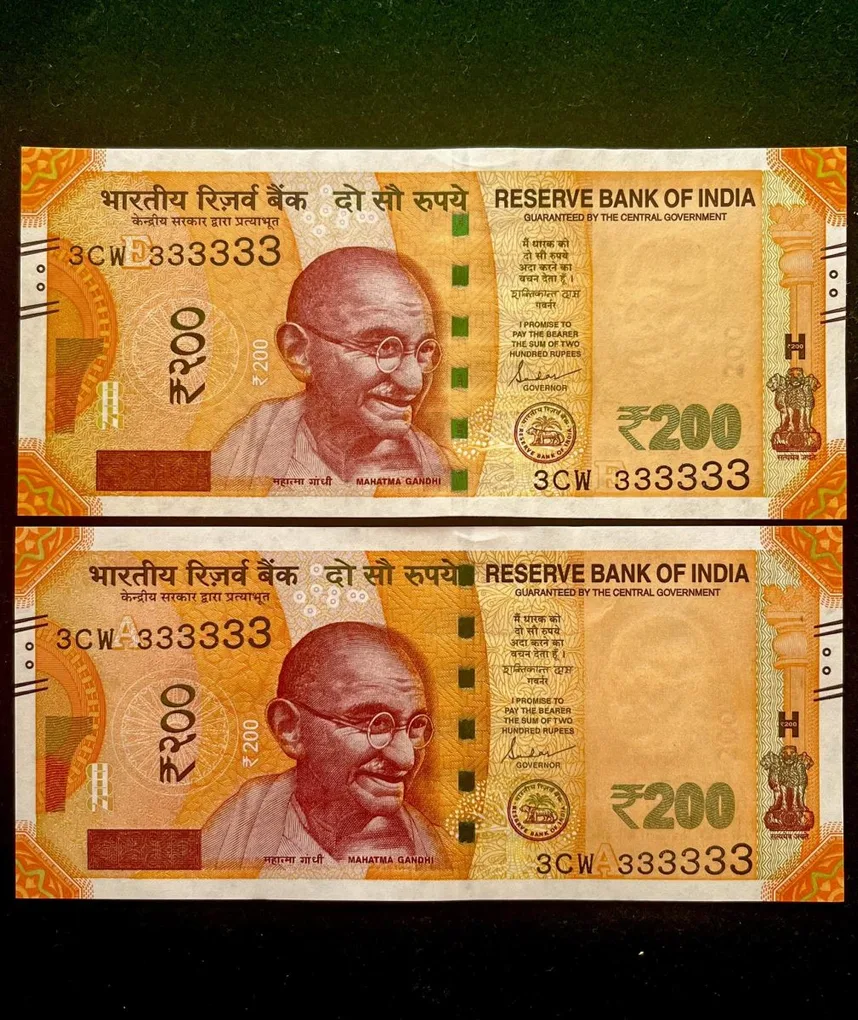 Rs 200 India Banknote Twin Set Super Solid 3CW 333333 Gem Unc Unique and Rare