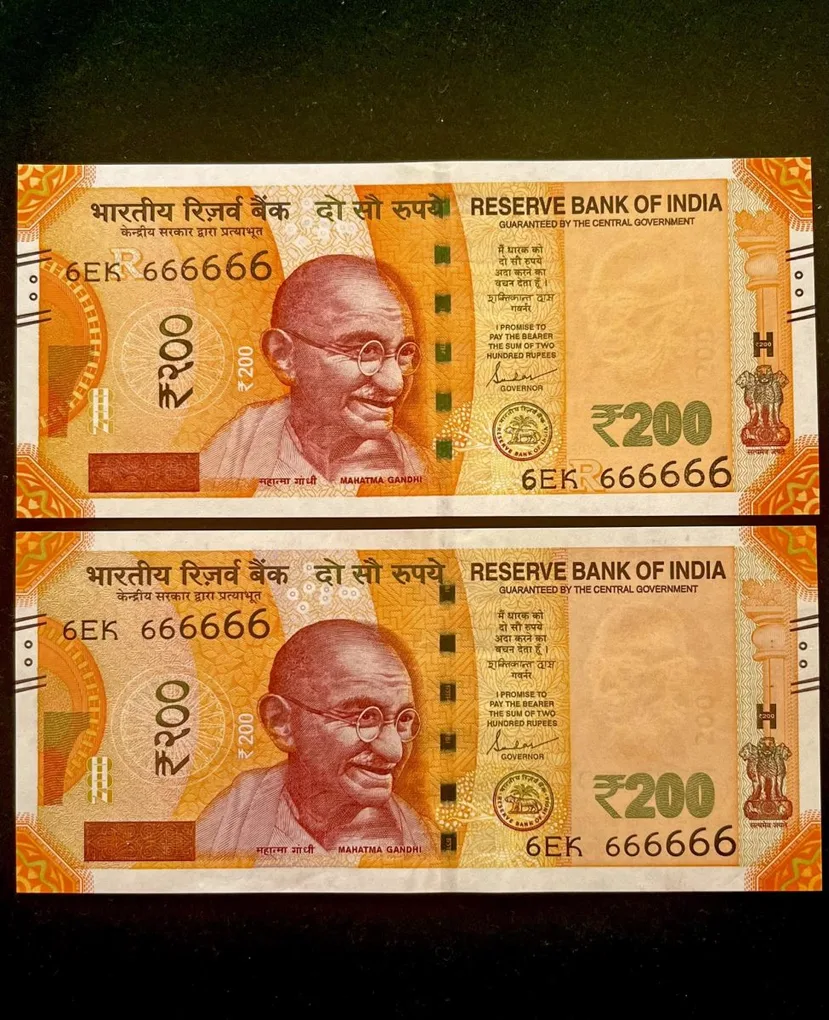 Rs 200 India Banknote Twin Sets Super Solid 6EK 666666 Gem Unc Unique and Rare