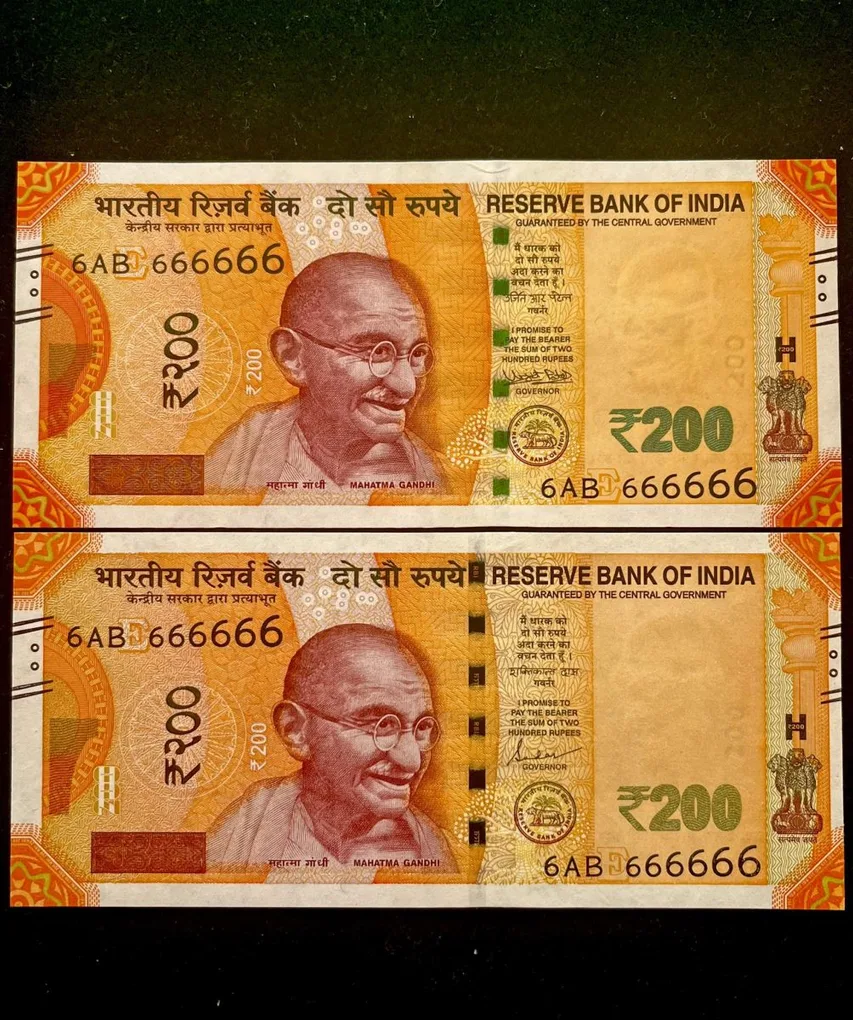 Rs 200 India Banknote Twin Set Super Solid 6AB 666666 Gem Unc Unique and Rare