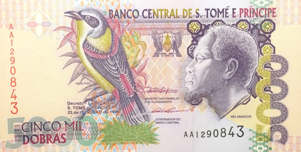 5000 Dobras of Sao Tome E Principe Country (AD 1996) with Papa Figo bird UNC Grade