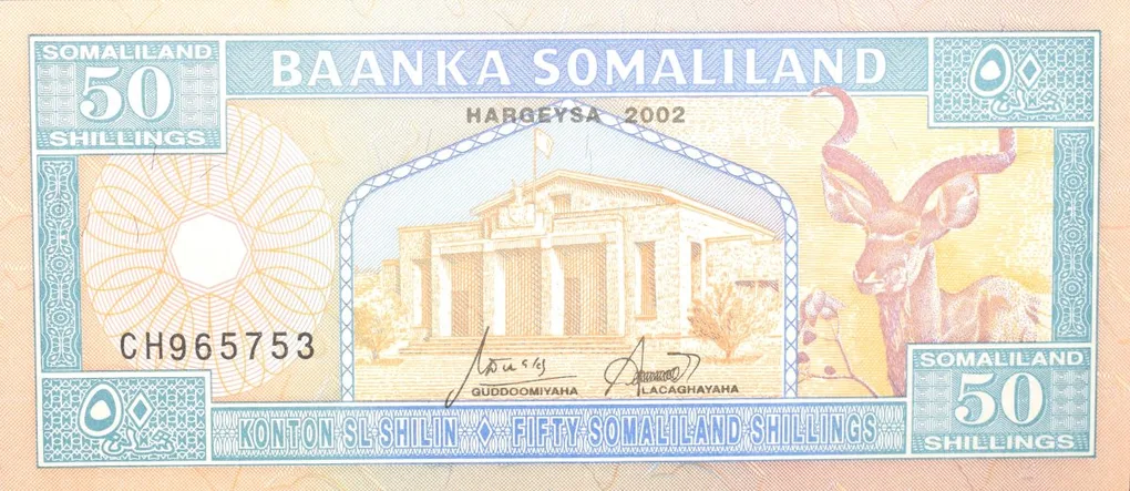 50 Shillings of Somaliland Country (AD 2002) with Historic house "Goodirka"/Camel caravan UNC Grade