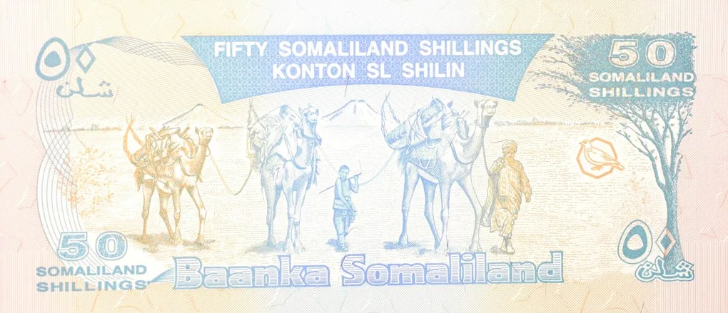 50 Shillings of Somaliland Country (AD 2002) with Historic house "Goodirka"/Camel caravan UNC Grade