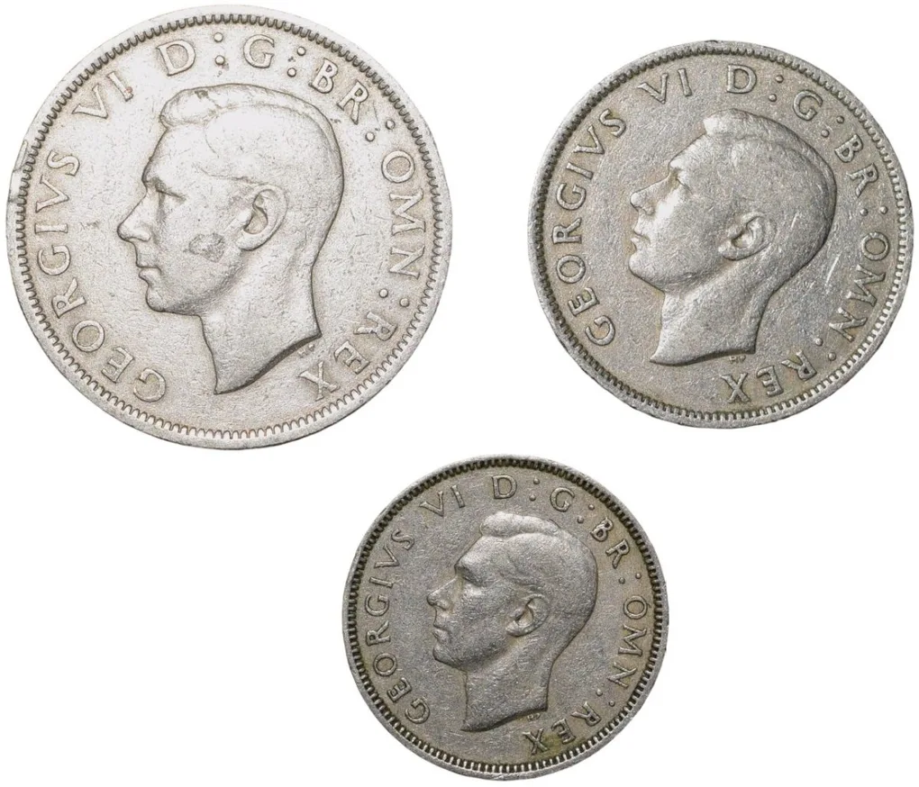 Set of 3 Different Copper-Nickel 1/2 Crown - 2 Shillings & 1 Shilling of George VI (AD 1948) from Great Brittain