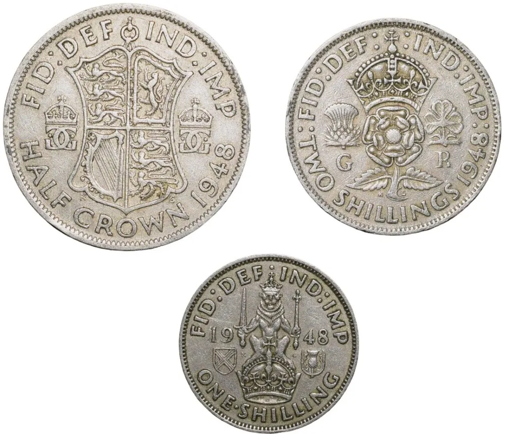 Set of 3 Different Copper-Nickel 1/2 Crown - 2 Shillings & 1 Shilling of George VI (AD 1948) from Great Brittain
