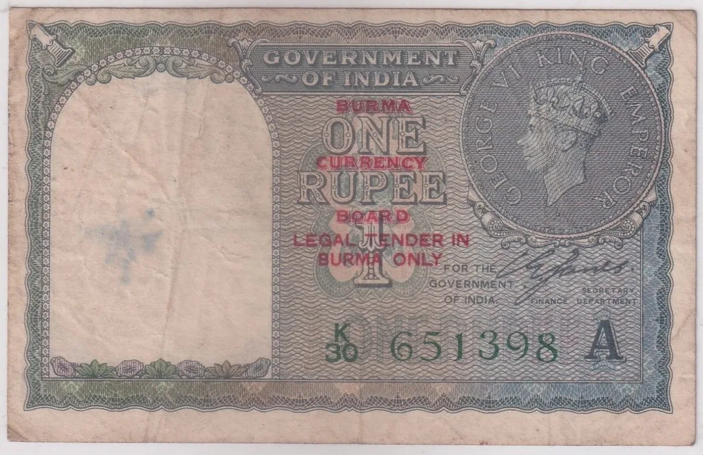 British India Burma Overprint 1 Rupee 1940 CE Jones Signature Very Fine Note #1