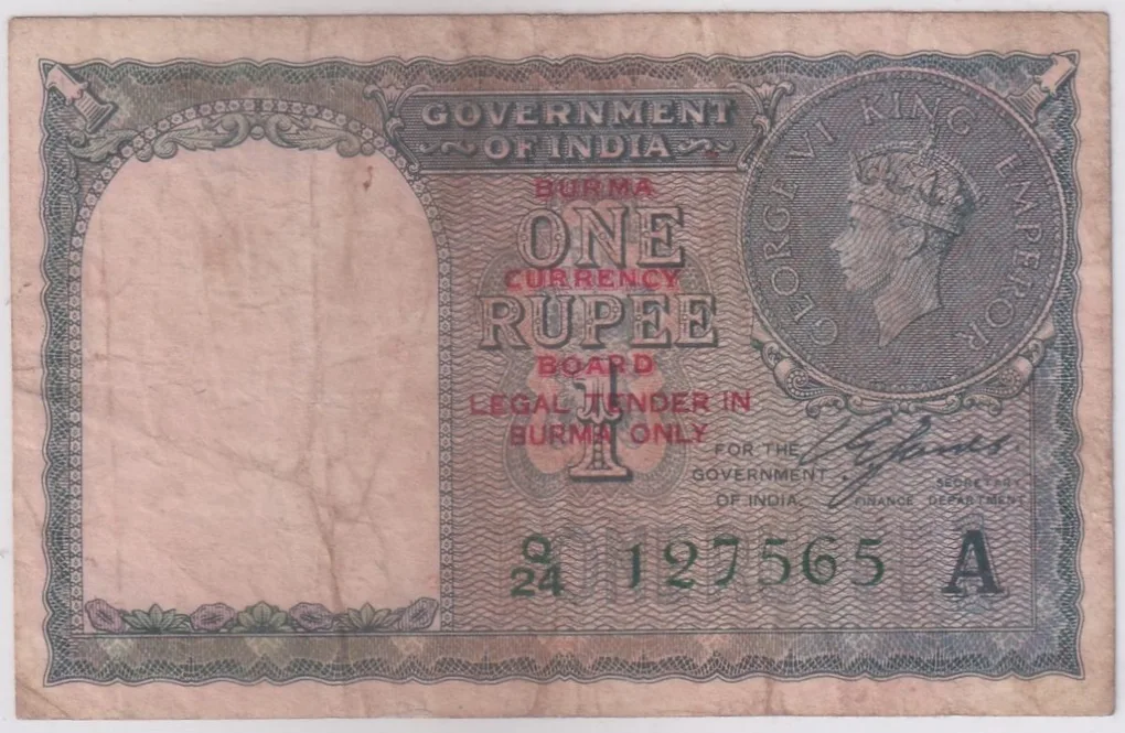 British India Burma Overprint 1 Rupee 1940 CE Jones Signature Very Fine Note #2