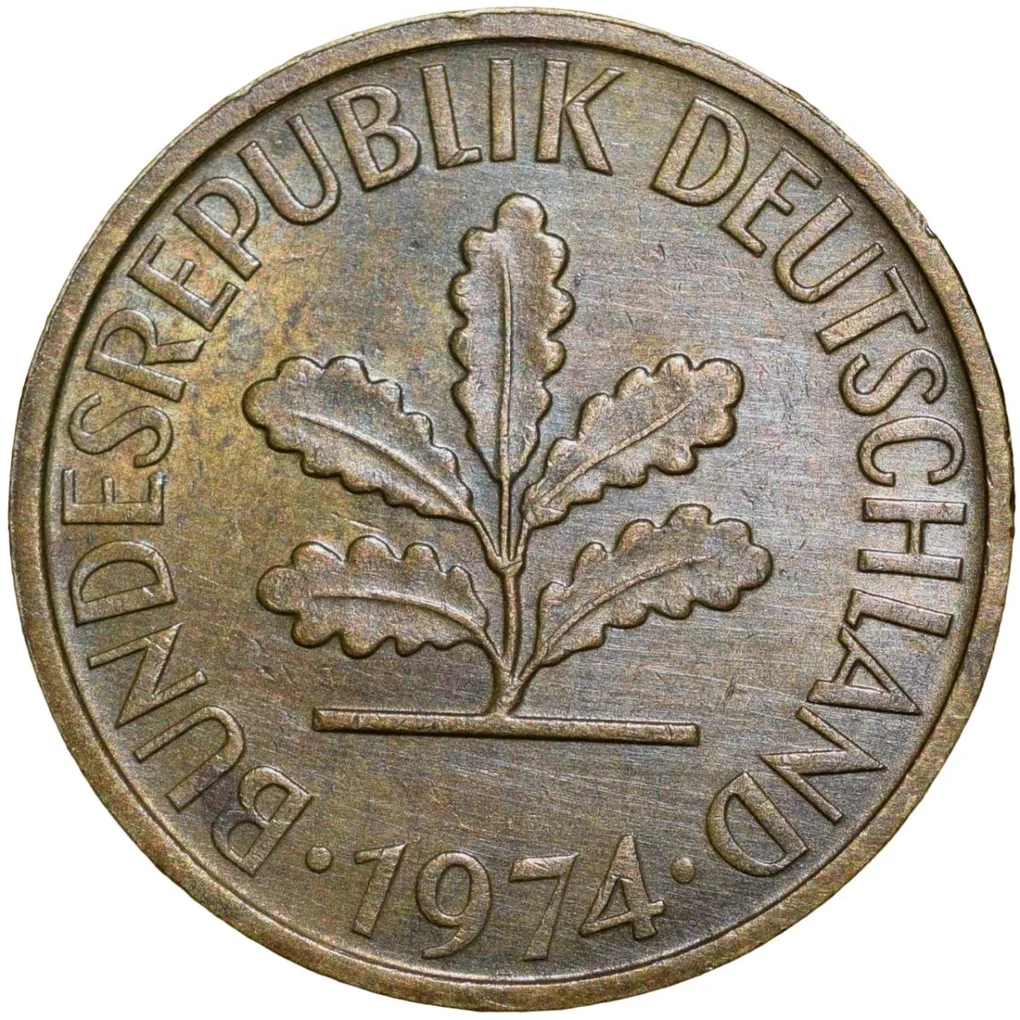 Brass 5 Pfenning of Germany (AD 1974) with Oak Sapling