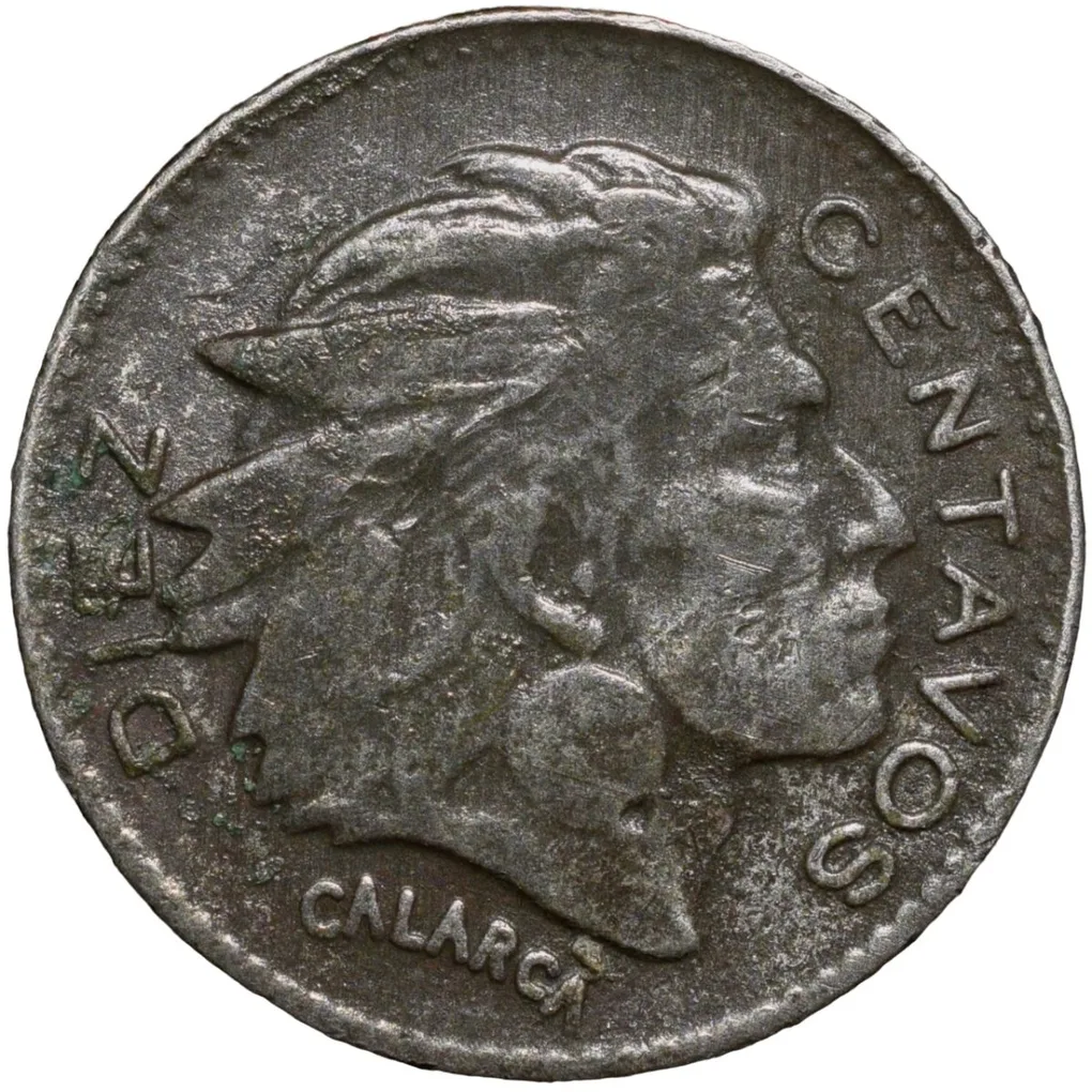 Old Copper-Nickel 10 Pesos of Colombia Country (AD 1959) with portrait of Indio Chief