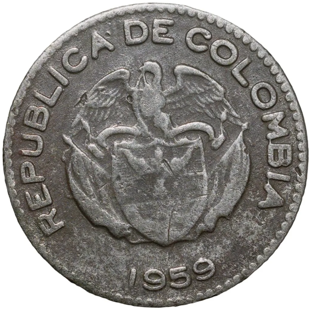 Old Copper-Nickel 10 Pesos of Colombia Country (AD 1959) with portrait of Indio Chief
