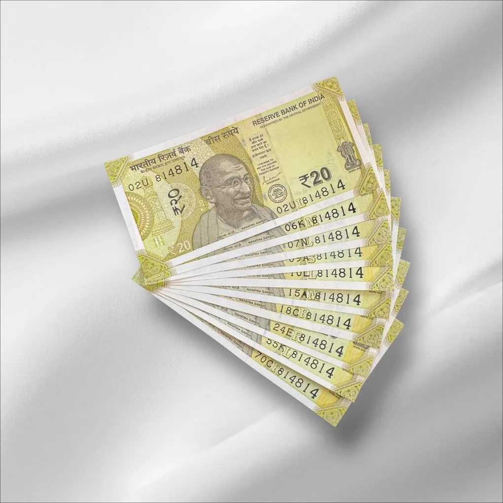 Rs 20 India Banknote Same Number 814814 Repeater 10 note Set Latest Issue Unique and Rare