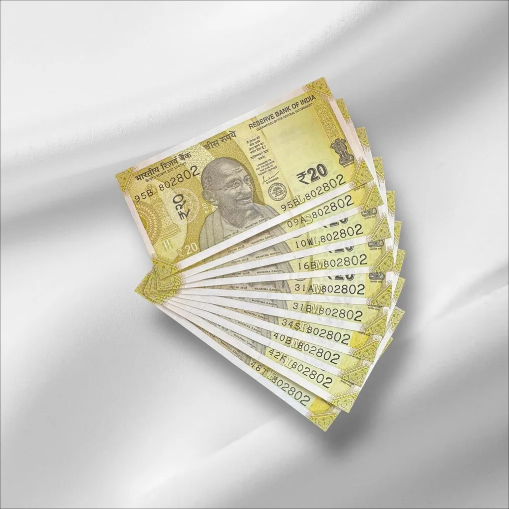 Rs 20 India Banknote Same Number 802802 repeater 10 note Set Latest Issue Unique and Rare