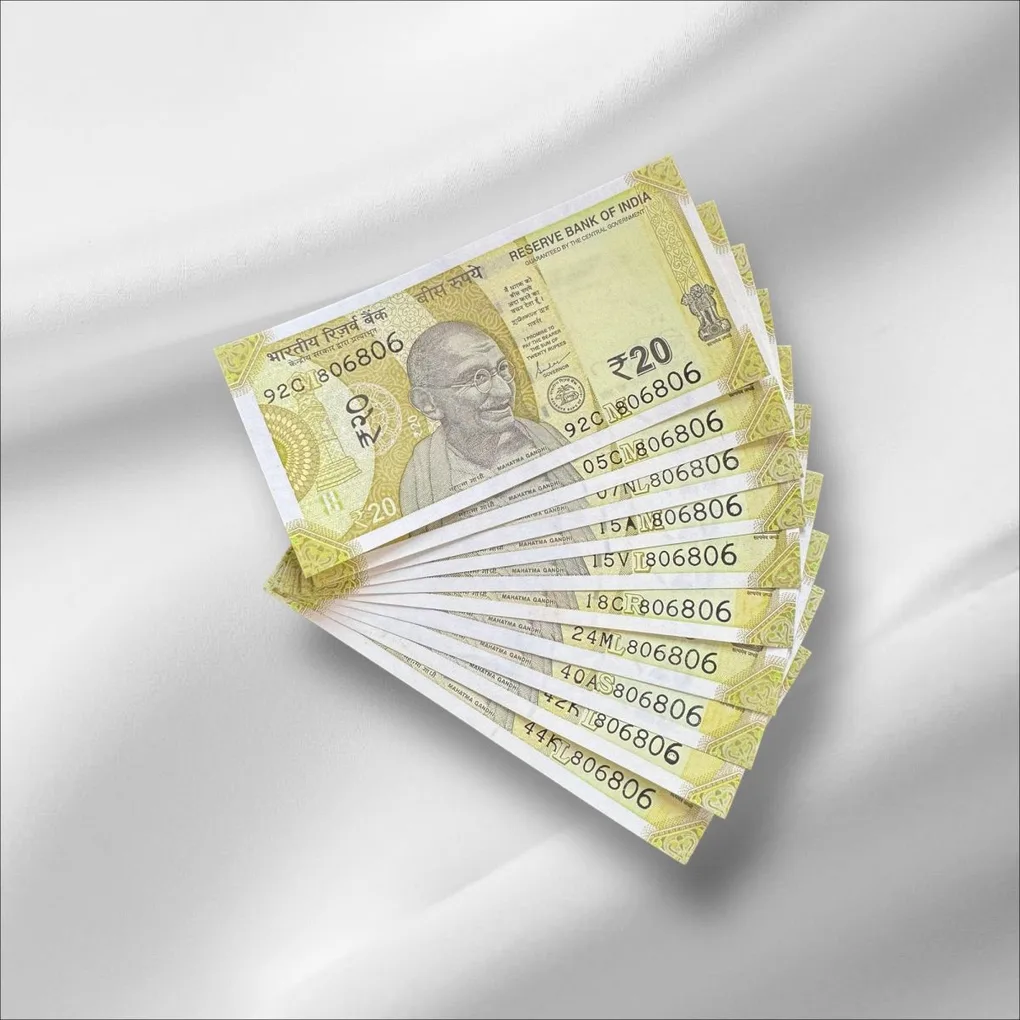 Rs 20 India Banknote Same Number 806806 Repeater 10 note Set Latest Issue Unique and Rare