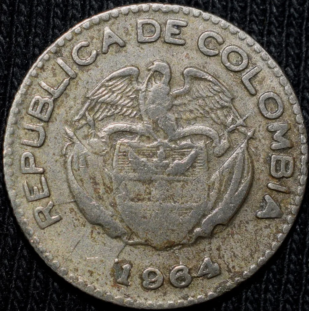 Old Copper-Nickel 10 Pesos of Colombia Country (AD 1964) with portrait of Indio Chief