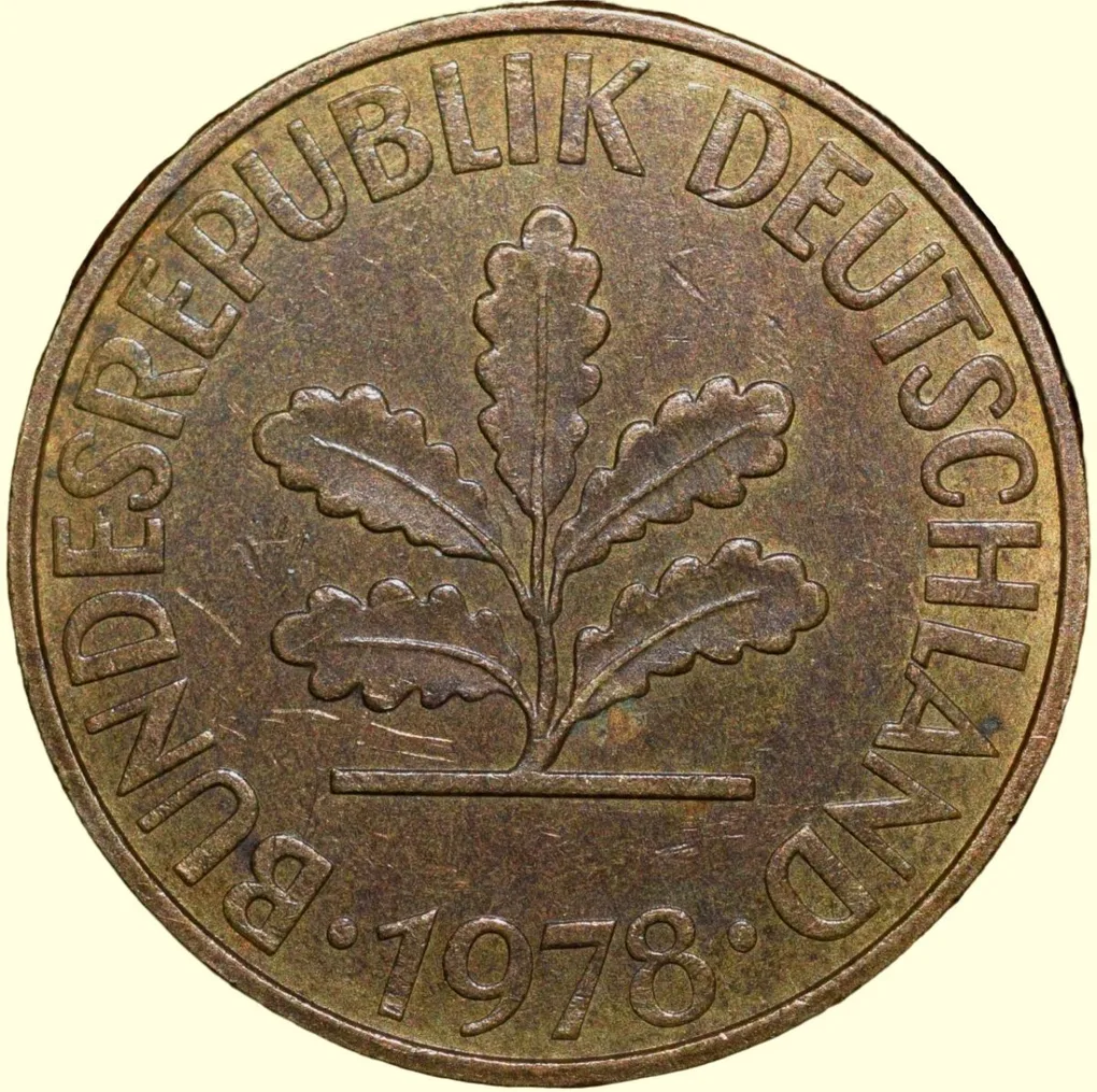 Brass 10 Pfenning of Germany (AD 1978) with Oak Sapling