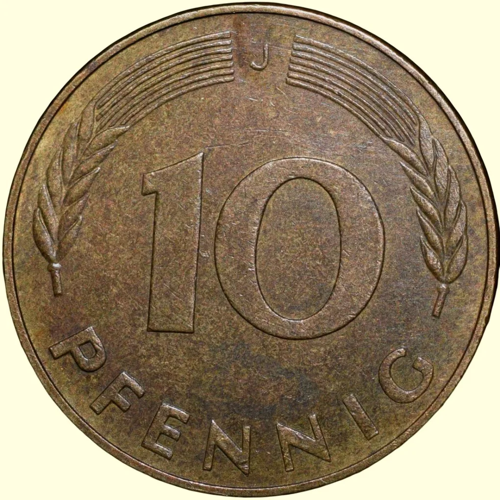 Brass 10 Pfenning of Germany (AD 1978) with Oak Sapling