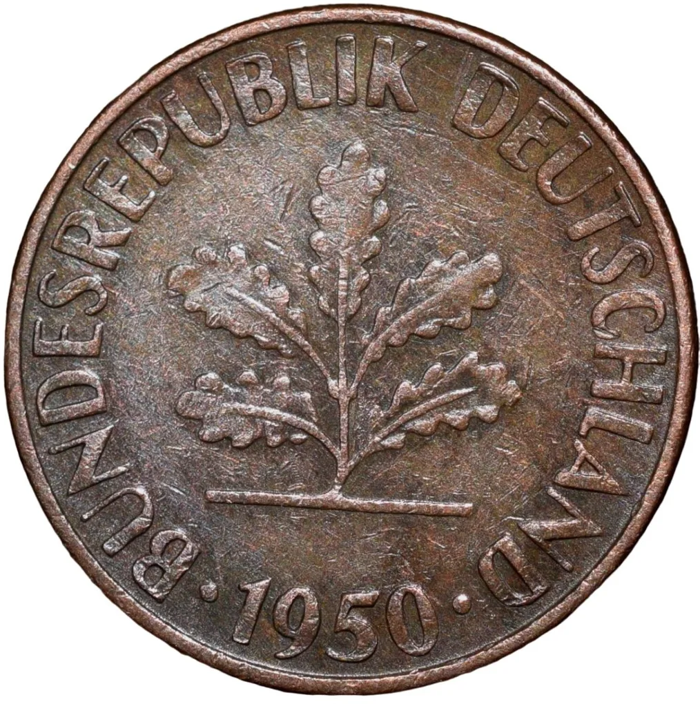 Bronze 1 Pfennig of Germany (AD 1950) with Oak Sapling
